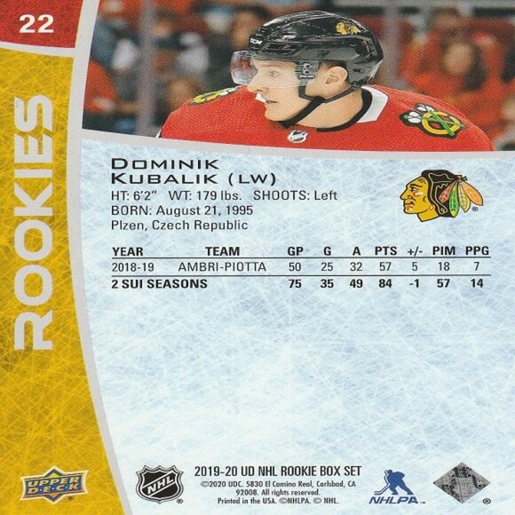 Dominik Kubalik - 2019-20 UD NHL Rookie Box Set Hockey Card - Picture 2 of 2
